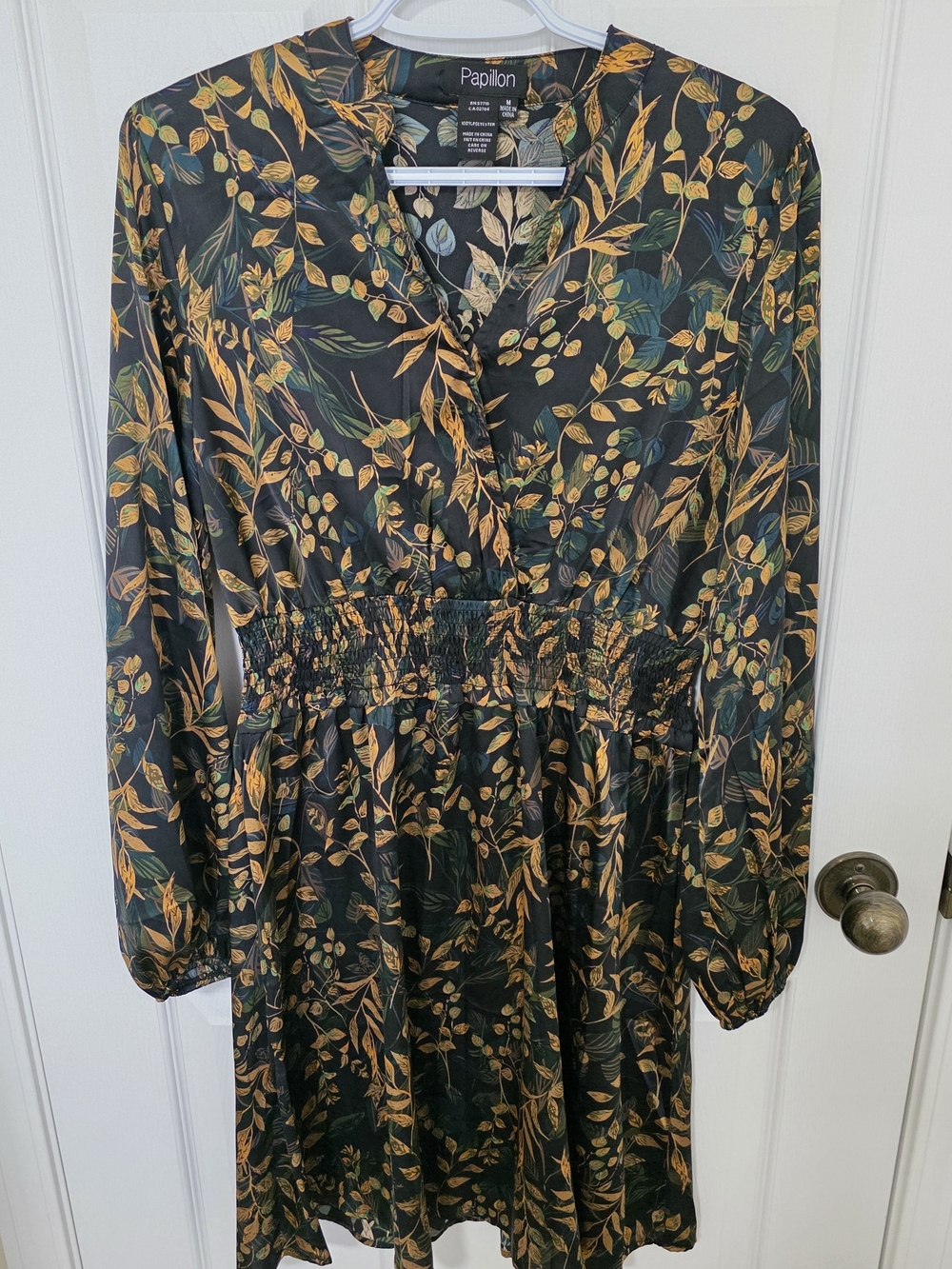 Papillon Blanc Black Dress with Gold & Green Leaf Print